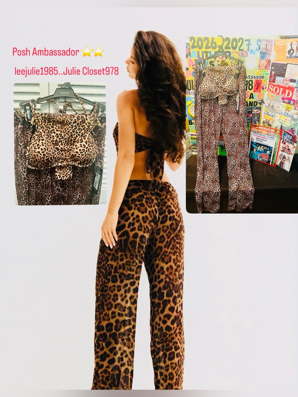 #3446**3 PCS Swimsuit- bebe  Print Wide-Leg pants Cat’s MEOW print
